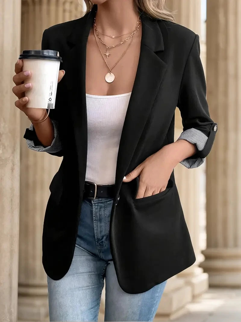 Women's Slim-Fit Button-Up Jacket – Casual Rolled-Sleeve Fashion Blazer