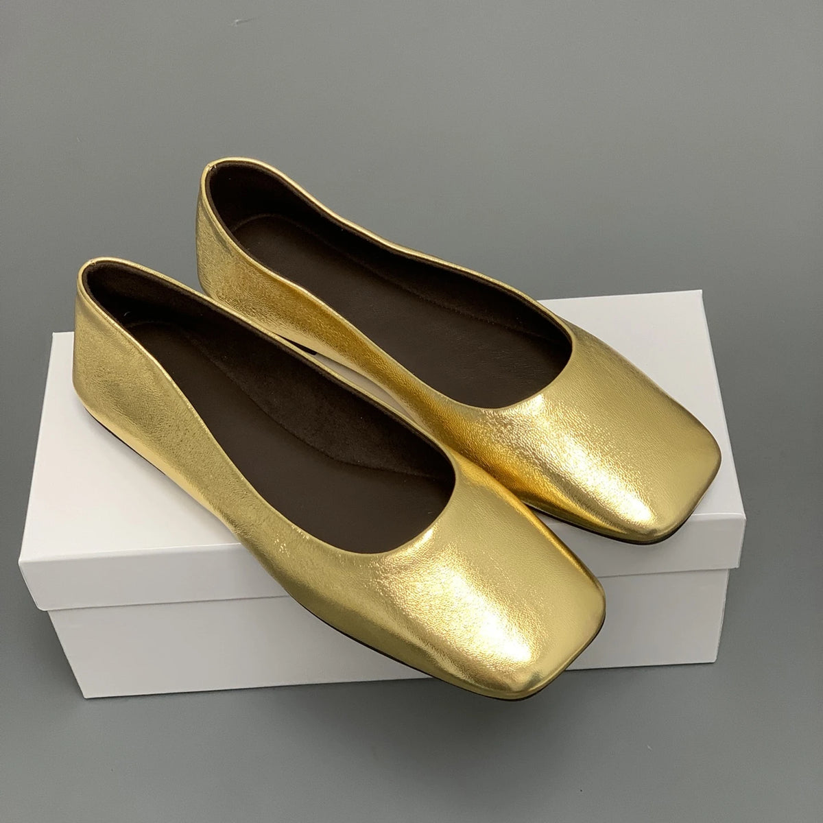 Women's Genuine Leather Ballet Flats – Square Toe Slip-On Designer Casual Shoes