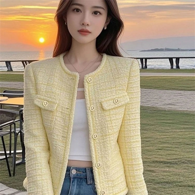 Women's Elegant Fragrance Jacket – O-Neck Long Sleeve Single-Breasted Short Outerwear