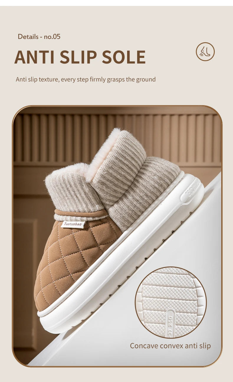Winter Warm Cotton Slippers – Thick-Soled Fleece-Lined Non-Slip Outdoor Shoes