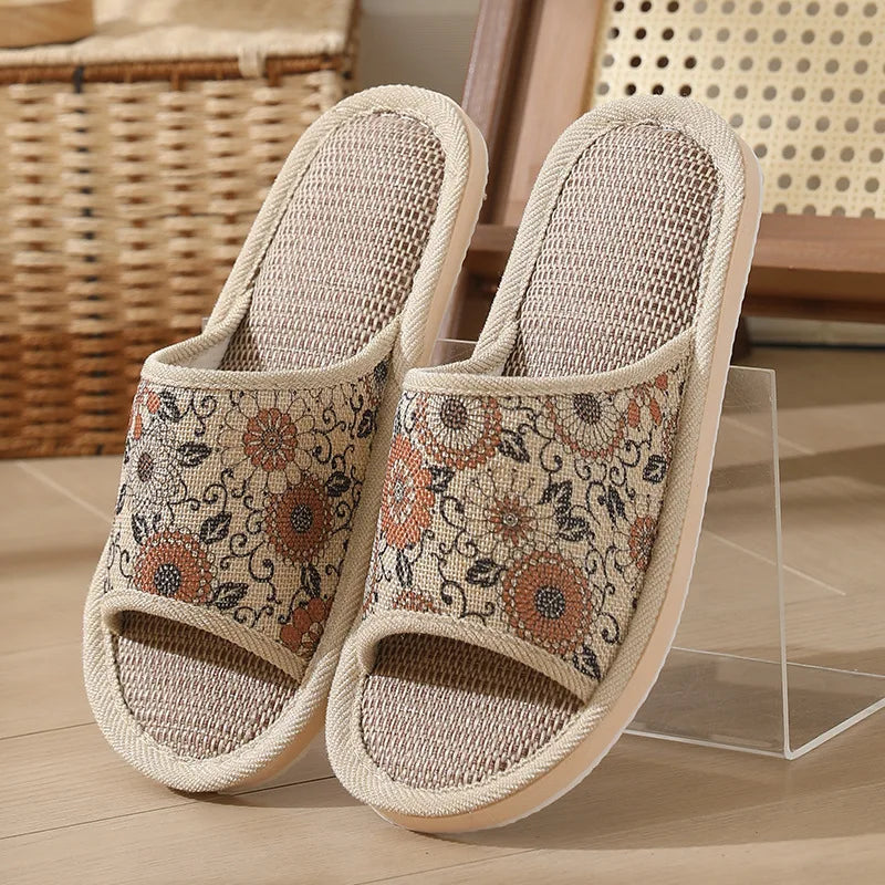 Women's Autumn Winter Linen Slippers – Thick-Soled Open-Toe EVA Home Sandals
