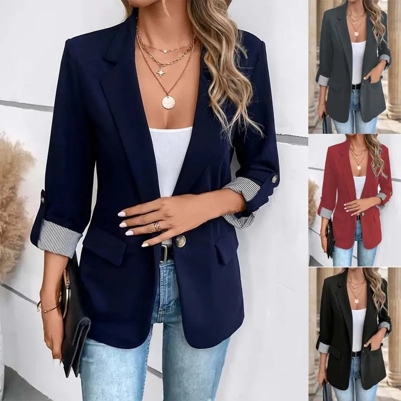 Women's Slim-Fit Button-Up Jacket – Casual Rolled-Sleeve Fashion Blazer