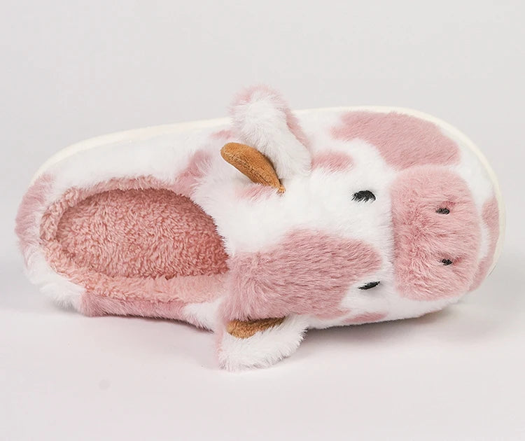 Women's Fluffy Cow Slippers – Cute Cartoon Plush Winter Platform House Shoes