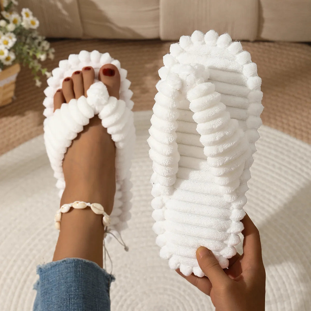 Women's Corduroy Plush Slippers – Warm Winter Flip-Flop House Shoes