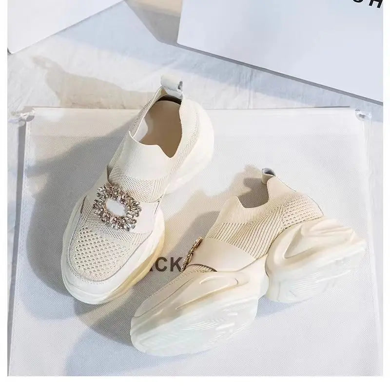 Women's Platform Rhinestone Sneakers – Spring Summer Fashion Slip-On Sports Casual Shoes, Breathable Mesh Walking Sneakers for Women