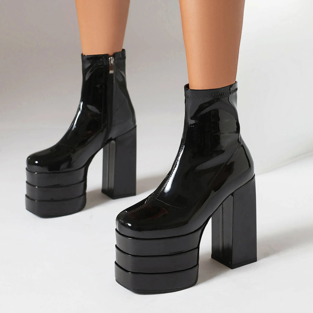 Women's Ultra-High Platform Ankle Boots – Square Toe Hollow-Out Chunky Heel Shoes