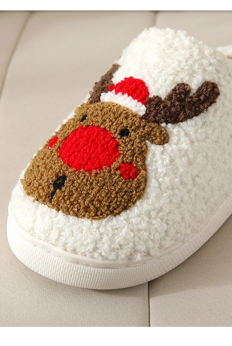 Christmas Reindeer Slippers for Men & Women – Warm Plush Non-Slip Winter House Shoes
