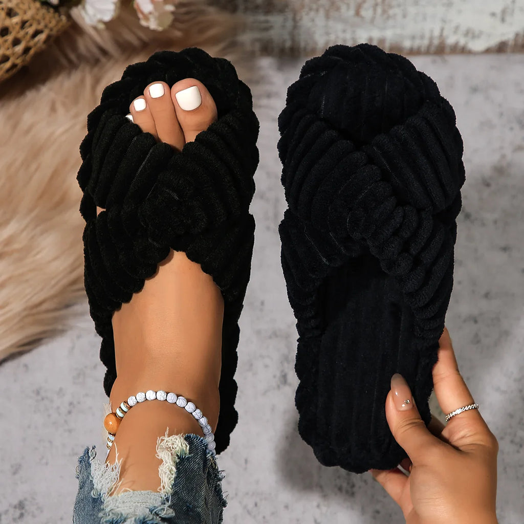 Women's Corduroy Plush Slippers – Warm Winter Cross-Strap Indoor Home Slides