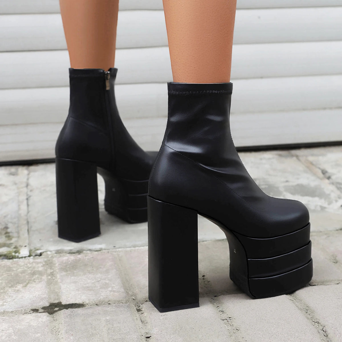 Women's Ultra-High Platform Ankle Boots – Square Toe Hollow-Out Chunky Heel Shoes