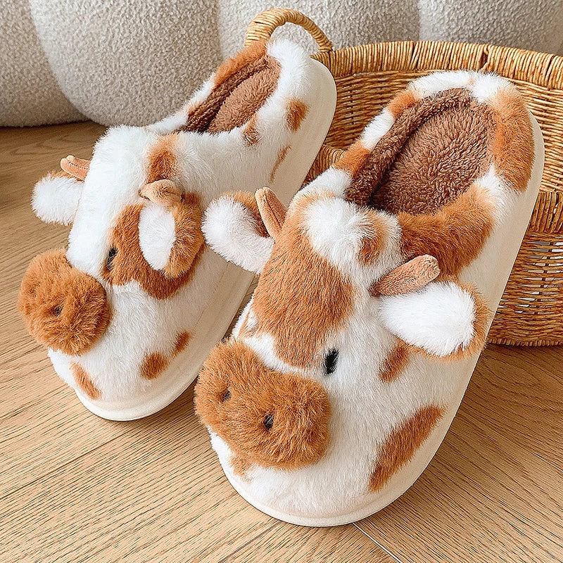 Women's Fluffy Cow Slippers – Cute Cartoon Plush Winter Platform House Shoes