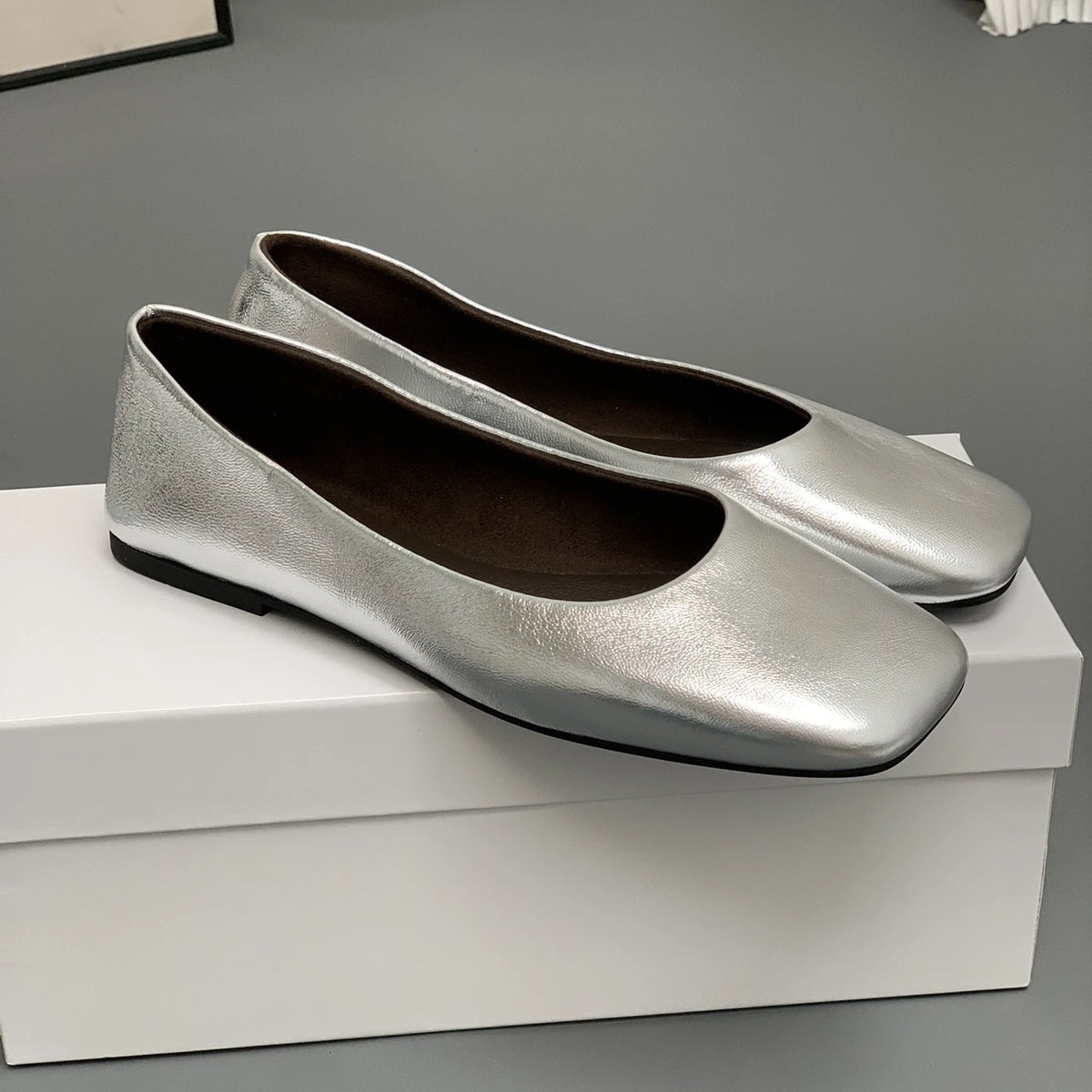 Women's Genuine Leather Ballet Flats – Square Toe Slip-On Designer Casual Shoes