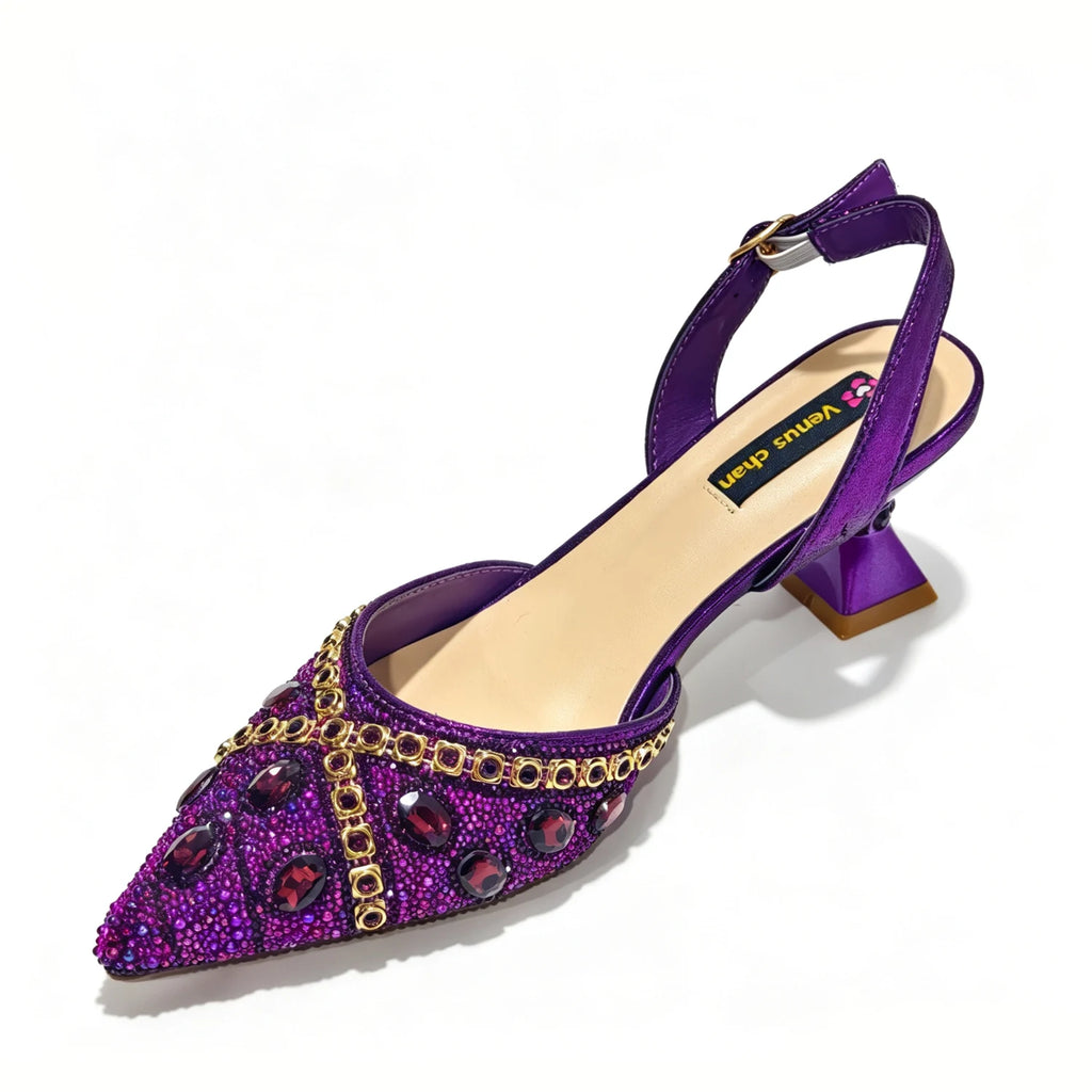 Women's Purple & Gold High Heel Pumps with Matching Bag – Elegant Wedding Shoe Set