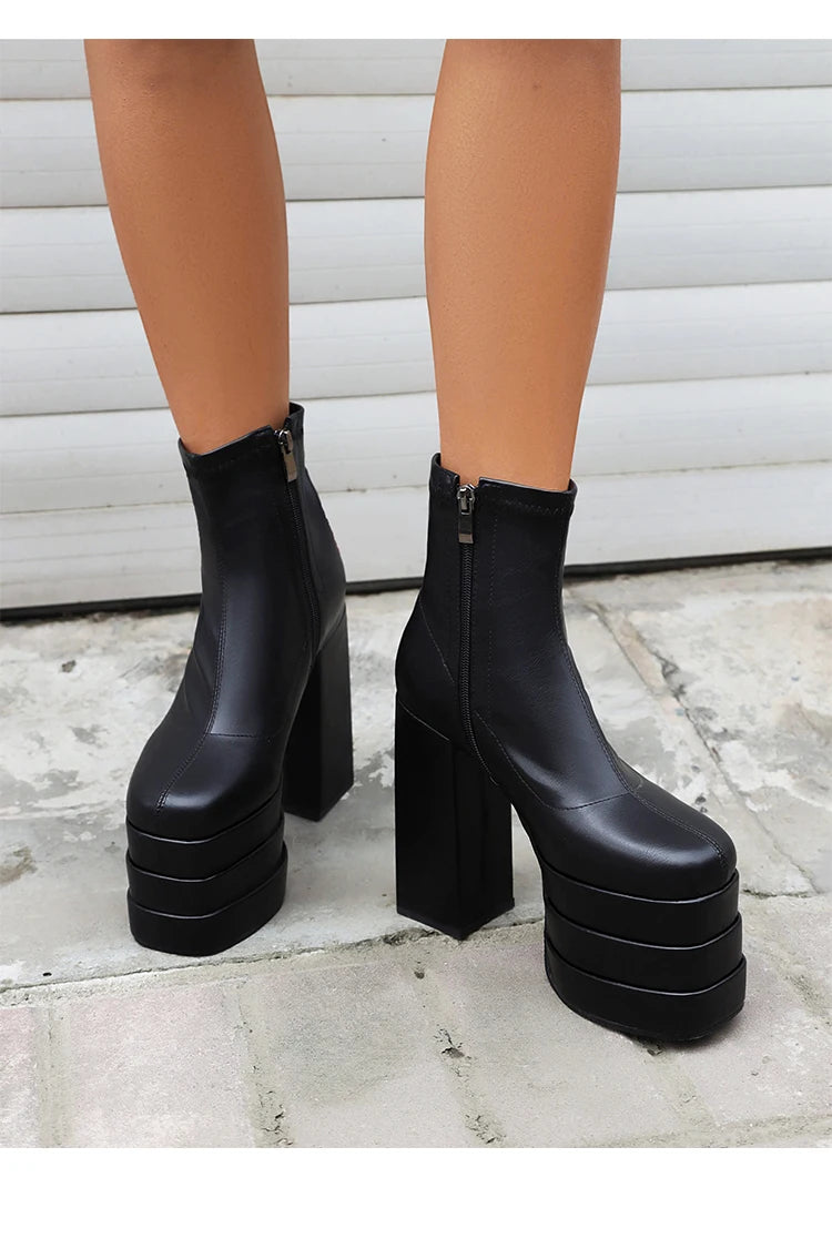 Women's Ultra-High Platform Ankle Boots – Square Toe Hollow-Out Chunky Heel Shoes