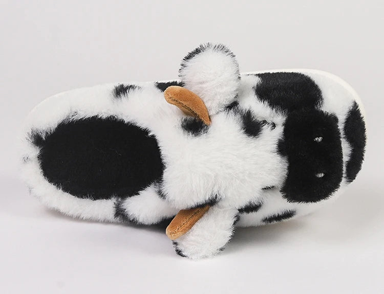 Women's Fluffy Cow Slippers – Cute Cartoon Plush Winter Platform House Shoes