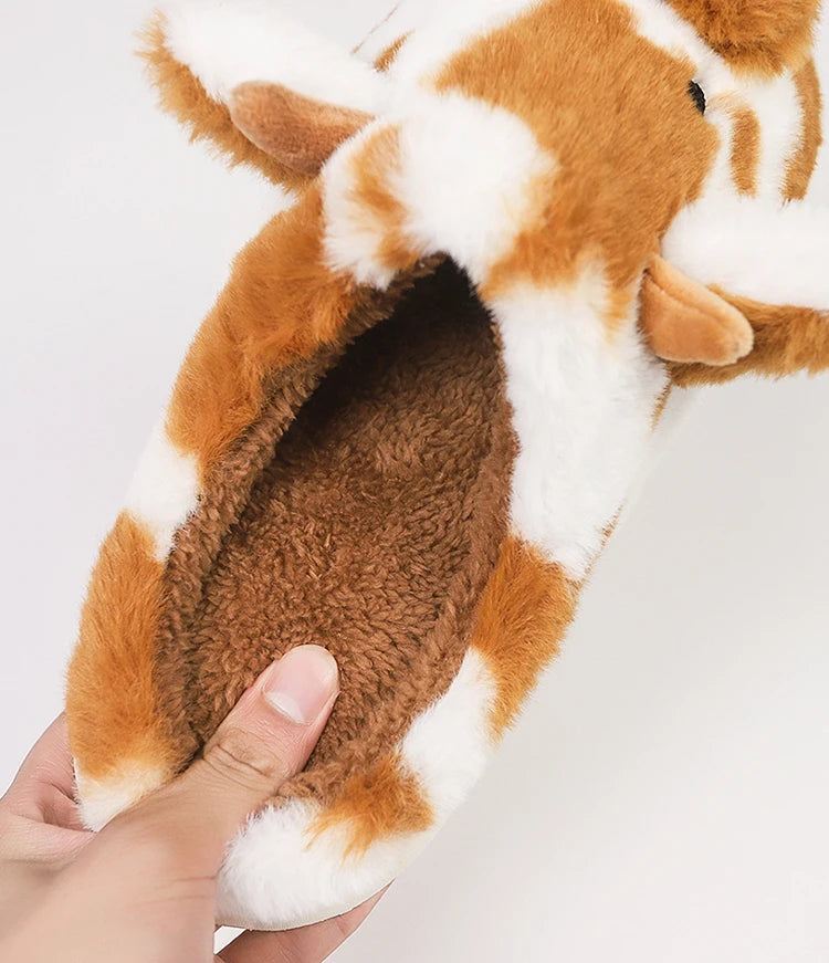 Women's Fluffy Cow Slippers – Cute Cartoon Plush Winter Platform House Shoes