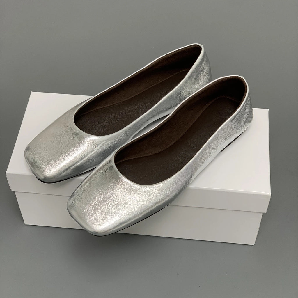 Women's Genuine Leather Ballet Flats – Square Toe Slip-On Designer Casual Shoes