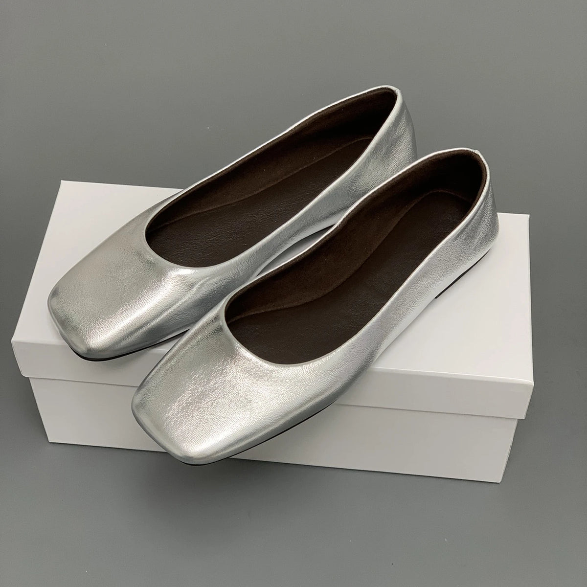 Women's Genuine Leather Ballet Flats – Square Toe Slip-On Designer Casual Shoes