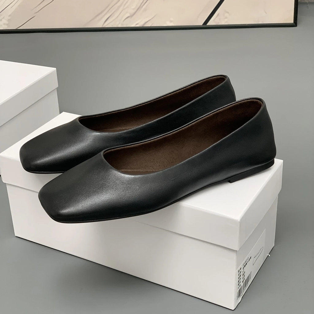 Women's Genuine Leather Ballet Flats – Square Toe Slip-On Designer Casual Shoes