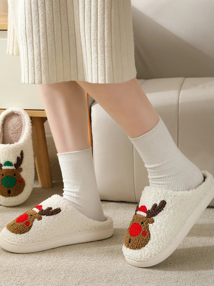 Christmas Reindeer Slippers for Men & Women – Warm Plush Non-Slip Winter House Shoes