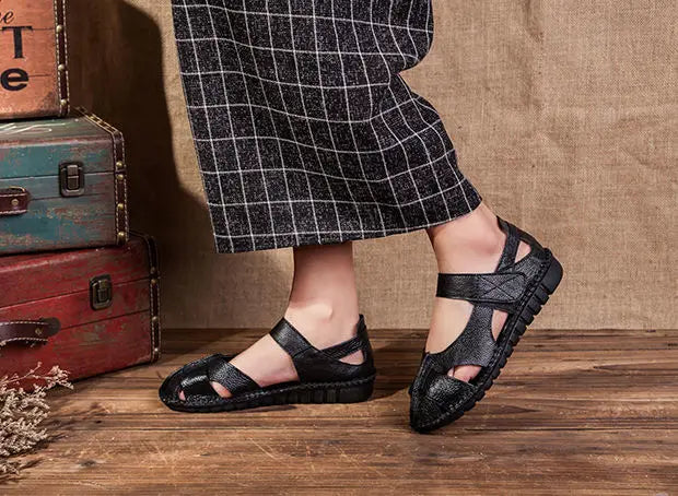 Women's Mary Jane Leather Shoes – Hollow-Out Closed-Toe Summer Sandals, Sizes 35–42