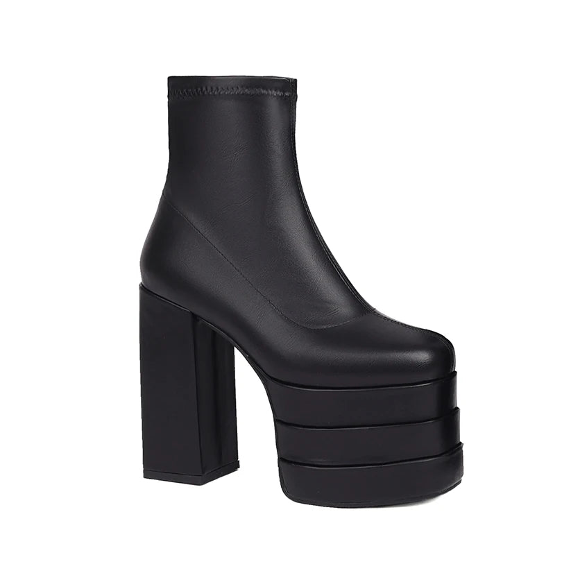 Women's Ultra-High Platform Ankle Boots – Square Toe Hollow-Out Chunky Heel Shoes