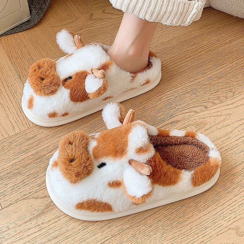 Women's Fluffy Cow Slippers – Cute Cartoon Plush Winter Platform House Shoes