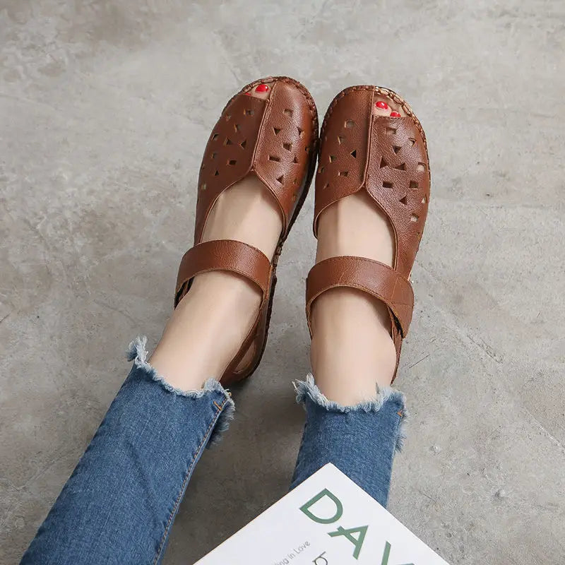 Women's Mary Jane Leather Shoes – Hollow-Out Closed-Toe Summer Sandals, Sizes 35–42