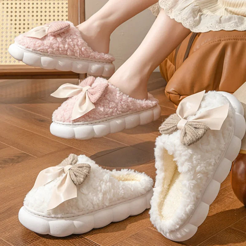 Women's Winter Fur Slippers – Cute Bow Plush Non-Slip House Shoes