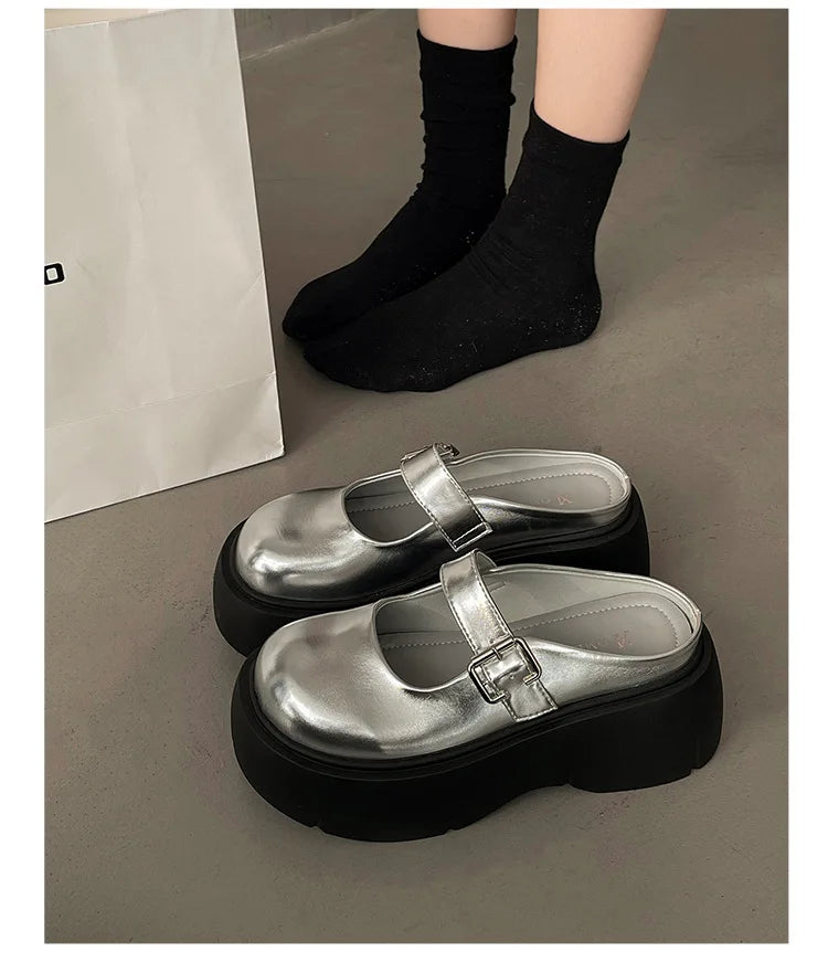 Platform Mules Shoes Women Slingback Slippers Shoe Spring Autumn New Casual Walking Chunky High Heels Buckle Ladies Half Slipper