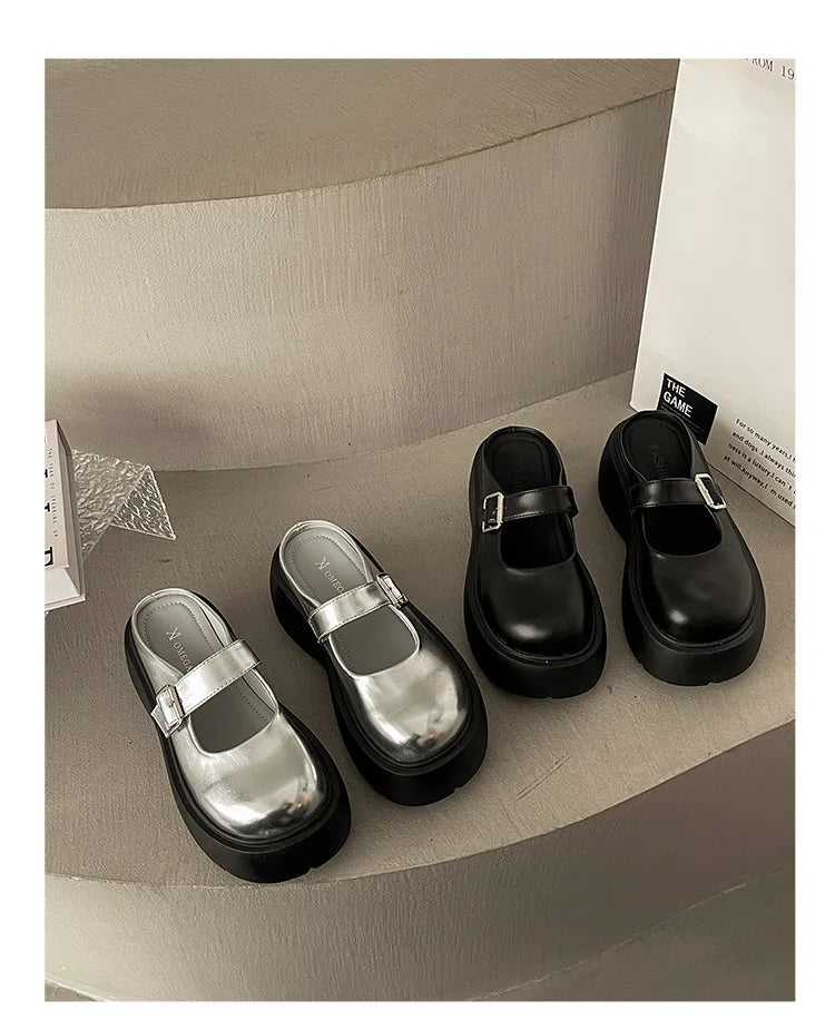 Platform Mules Shoes Women Slingback Slippers Shoe Spring Autumn New Casual Walking Chunky High Heels Buckle Ladies Half Slipper