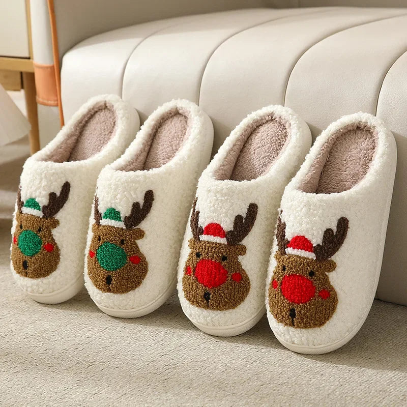 Christmas Reindeer Slippers for Men & Women – Warm Plush Non-Slip Winter House Shoes