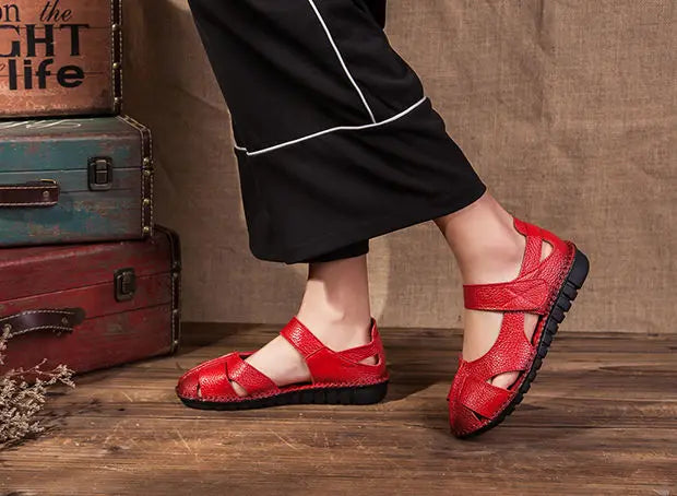 Women's Mary Jane Leather Shoes – Hollow-Out Closed-Toe Summer Sandals, Sizes 35–42
