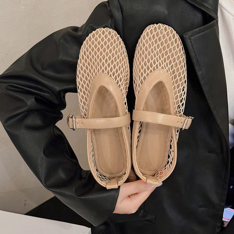 Women's Cut-Out Mary Jane Flats – Round Toe Casual Fishnet Shoes