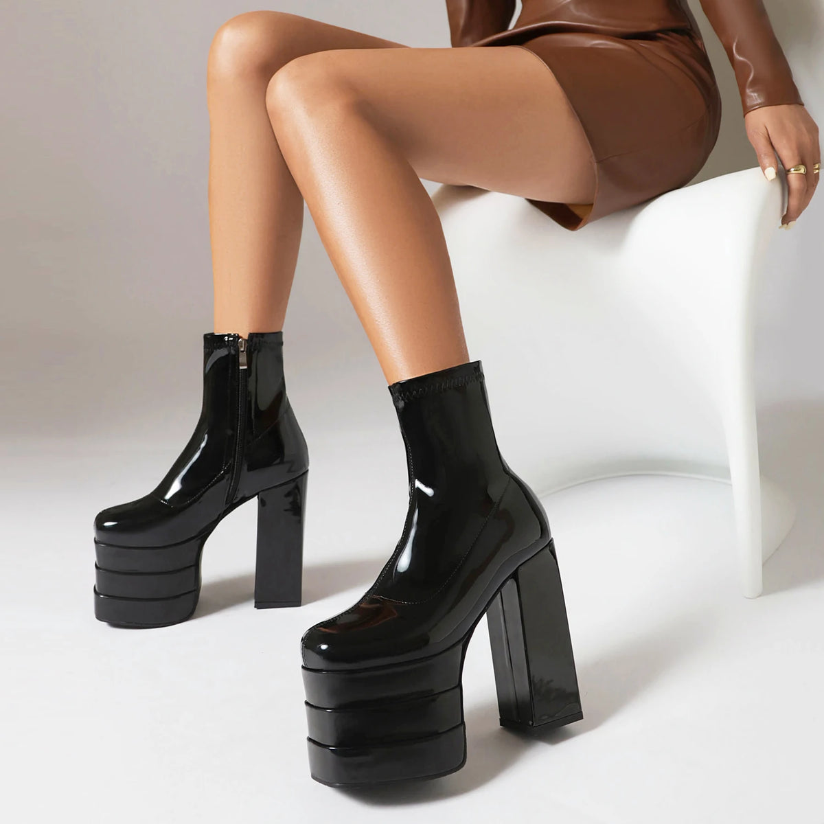 Women's Ultra-High Platform Ankle Boots – Square Toe Hollow-Out Chunky Heel Shoes