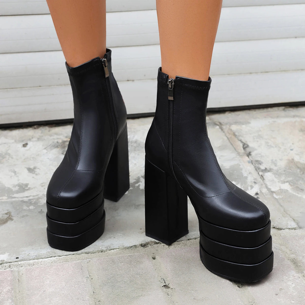 Women's Ultra-High Platform Ankle Boots – Square Toe Hollow-Out Chunky Heel Shoes