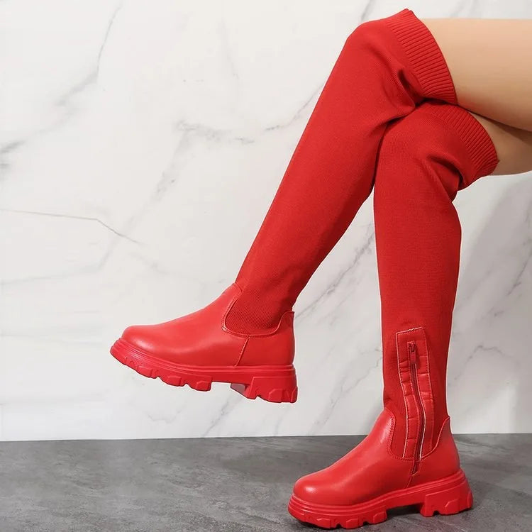 Women's Over-the-Knee Platform Boots – Stretch Sock Boots with Thick Heel