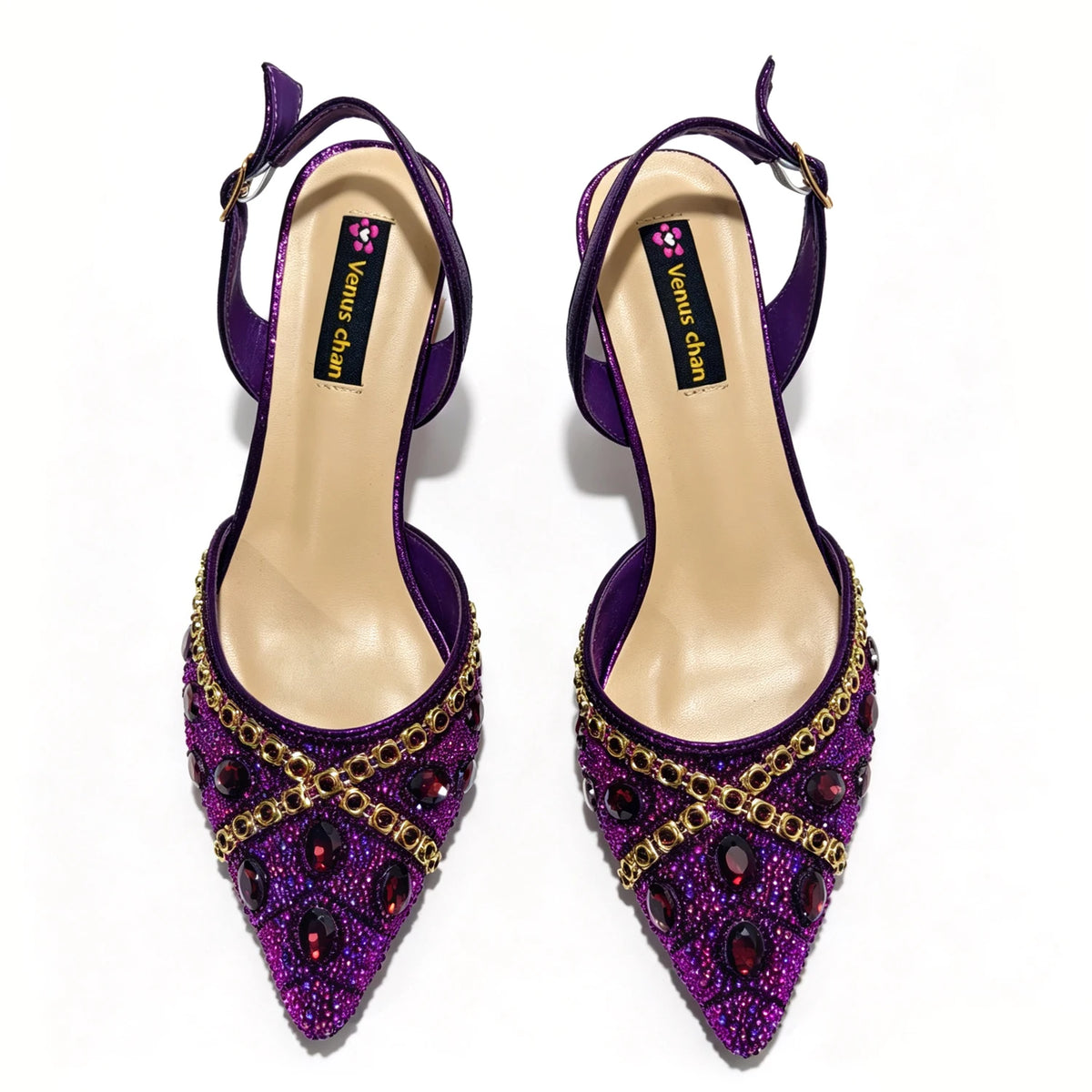 Women's Purple & Gold High Heel Pumps with Matching Bag – Elegant Wedding Shoe Set