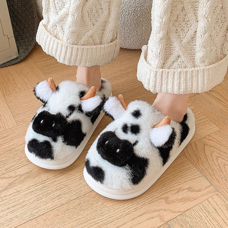 Women's Fluffy Cow Slippers – Cute Cartoon Plush Winter Platform House Shoes