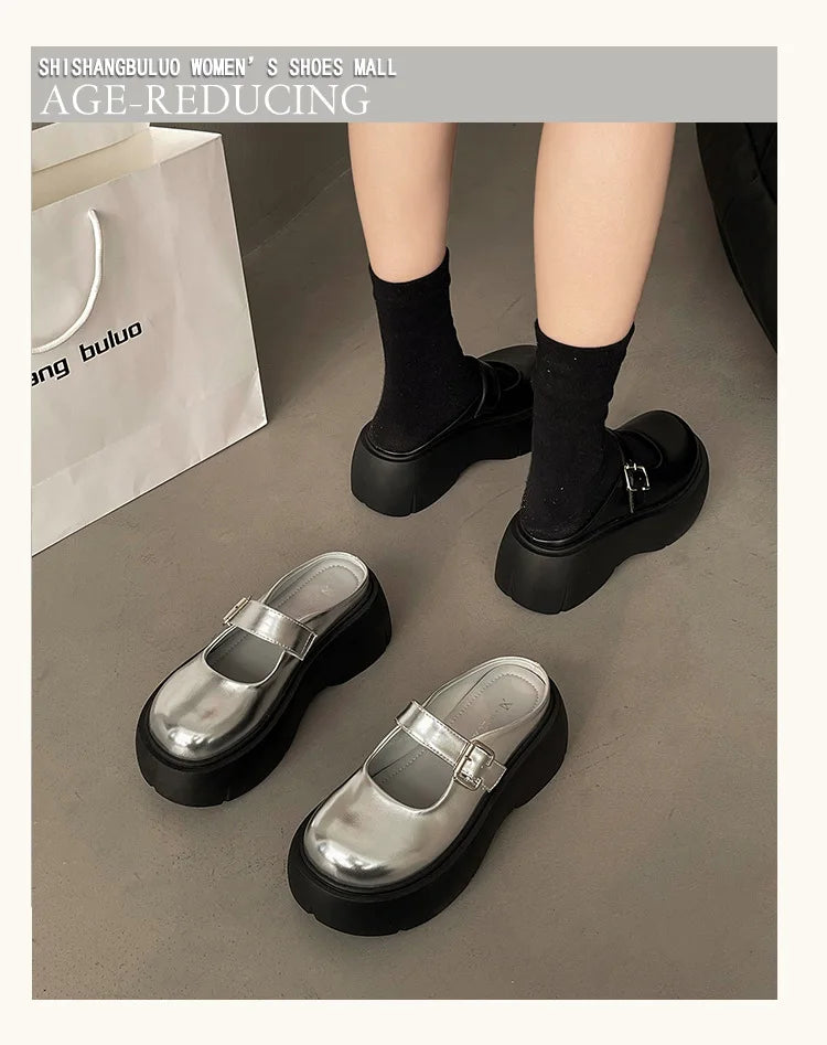 Platform Mules Shoes Women Slingback Slippers Shoe Spring Autumn New Casual Walking Chunky High Heels Buckle Ladies Half Slipper