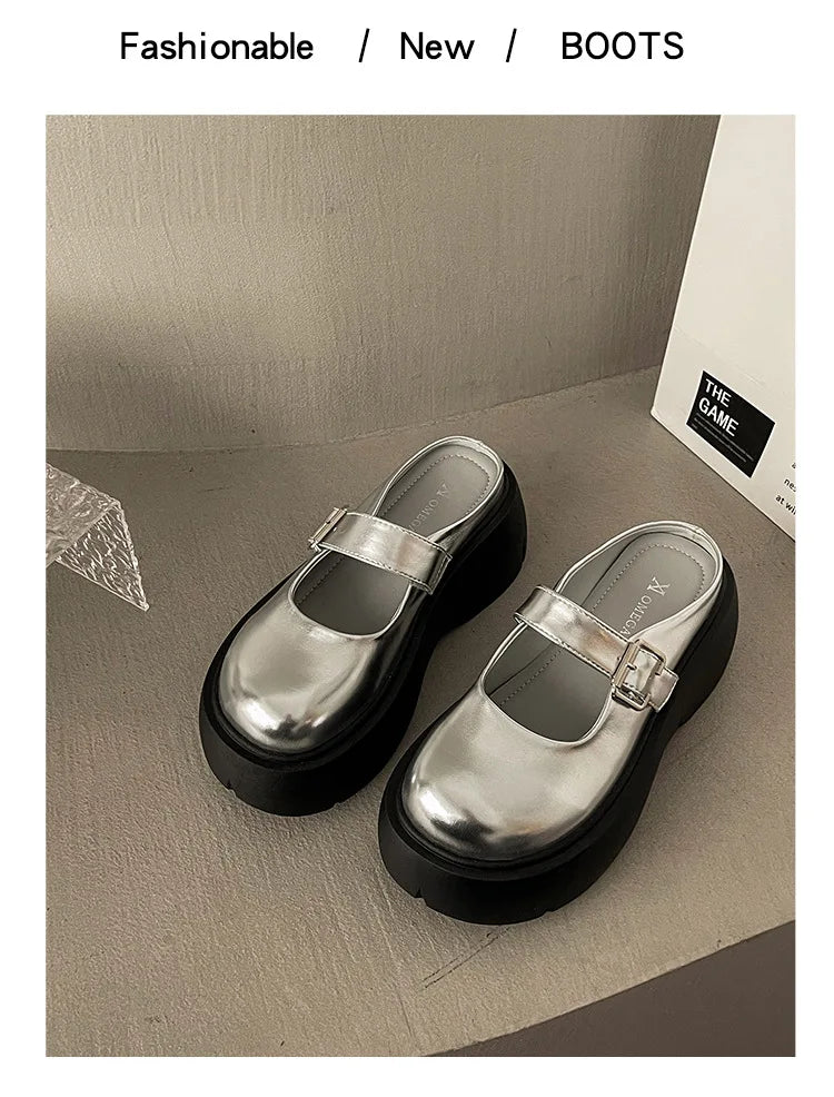Platform Mules Shoes Women Slingback Slippers Shoe Spring Autumn New Casual Walking Chunky High Heels Buckle Ladies Half Slipper