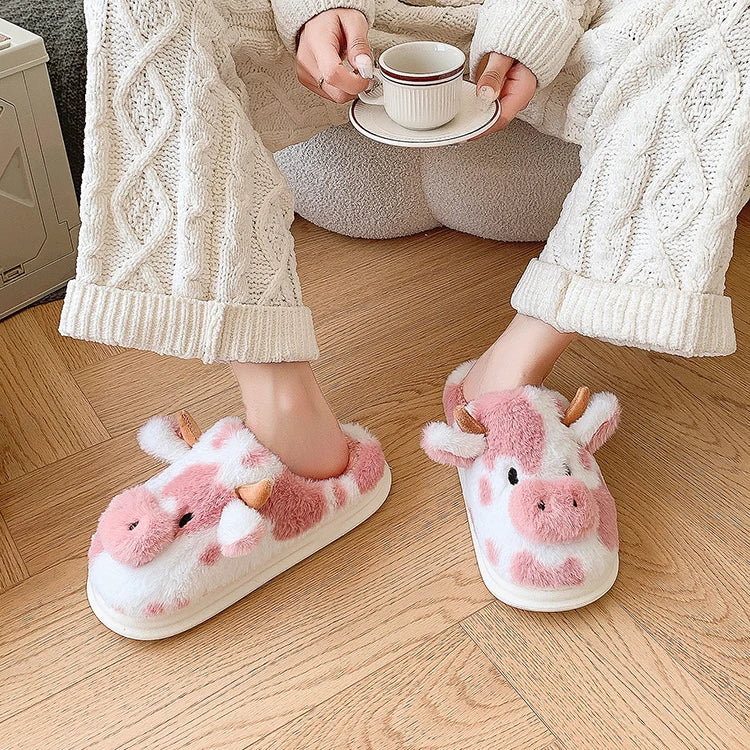 Women's Fluffy Cow Slippers – Cute Cartoon Plush Winter Platform House Shoes