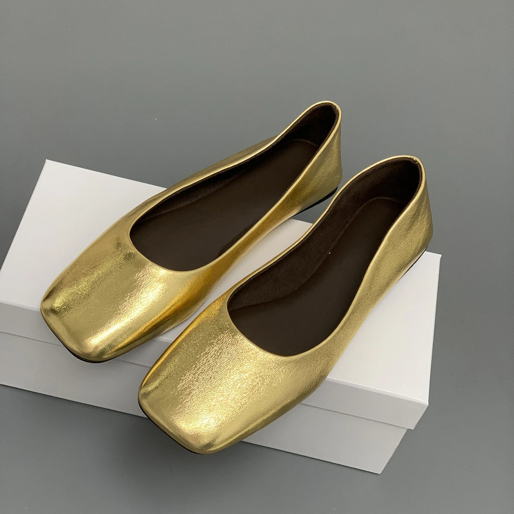 Women's Genuine Leather Ballet Flats – Square Toe Slip-On Designer Casual Shoes