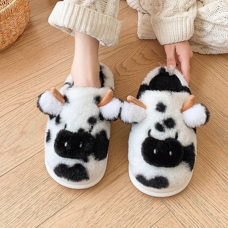 Women's Fluffy Cow Slippers – Cute Cartoon Plush Winter Platform House Shoes