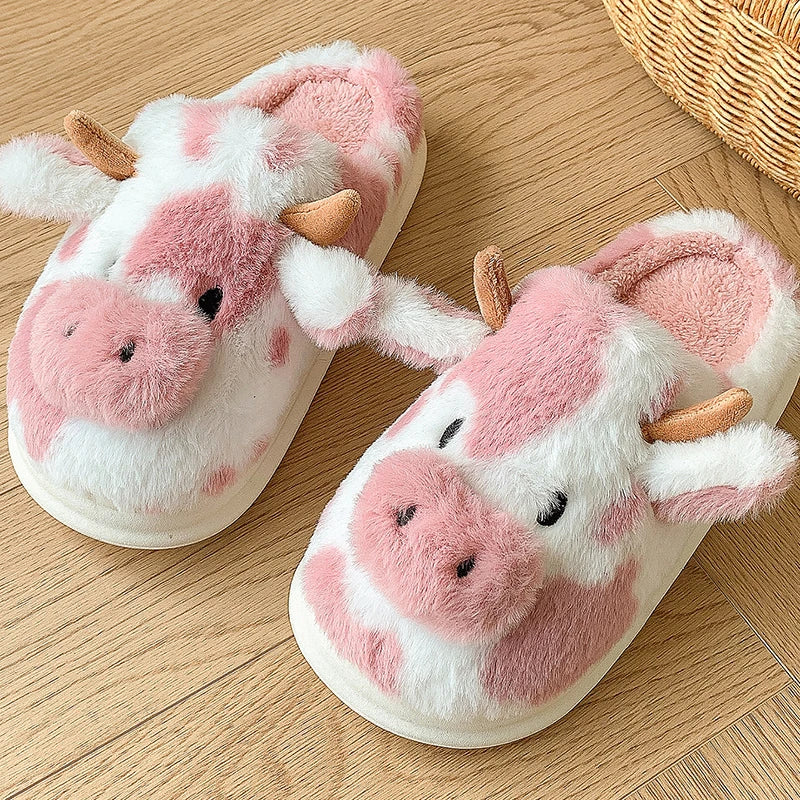 Women's Fluffy Cow Slippers – Cute Cartoon Plush Winter Platform House Shoes