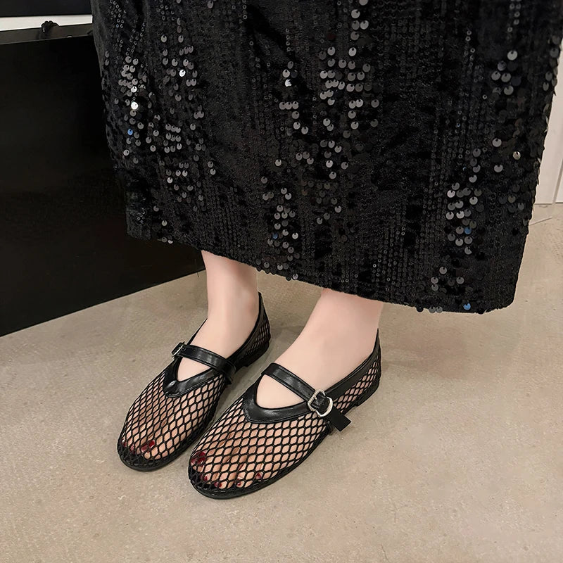Women's Cut-Out Mary Jane Flats – Round Toe Casual Fishnet Shoes