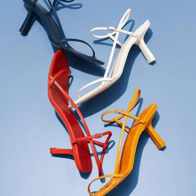 French Style Women Sandal Fashion Narrow Band High Heel Heel Ladies Gladiator Shoes Pointed Toe Ankle Buckle Zapatos Muje