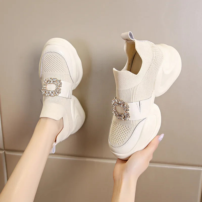 Women's Platform Rhinestone Sneakers – Spring Summer Fashion Slip-On Sports Casual Shoes, Breathable Mesh Walking Sneakers for Women
