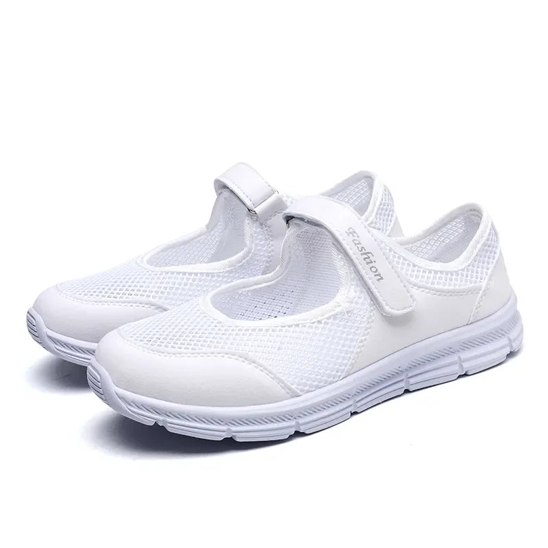 Women's White Mesh Sneakers – Breathable Vulcanized Casual Walking Shoes