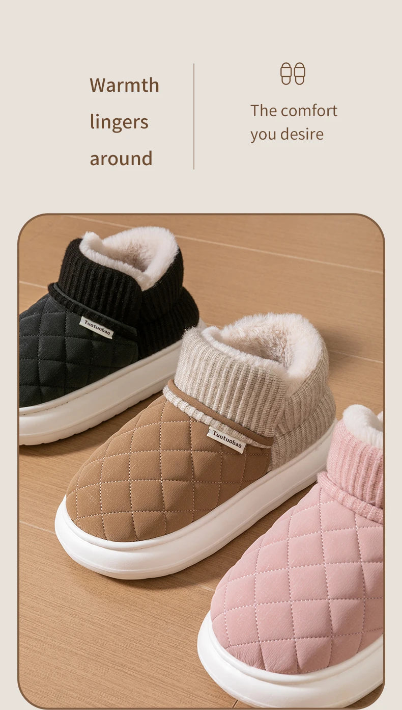 Winter Warm Cotton Slippers – Thick-Soled Fleece-Lined Non-Slip Outdoor Shoes