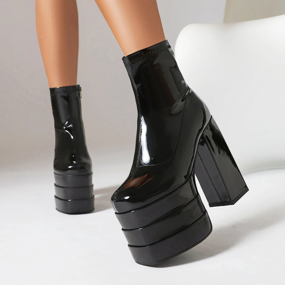 Women's Ultra-High Platform Ankle Boots – Square Toe Hollow-Out Chunky Heel Shoes